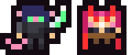 Pixel art of Dongu the Rat King, a ninja with a katana, and Gigi the Cat Queen