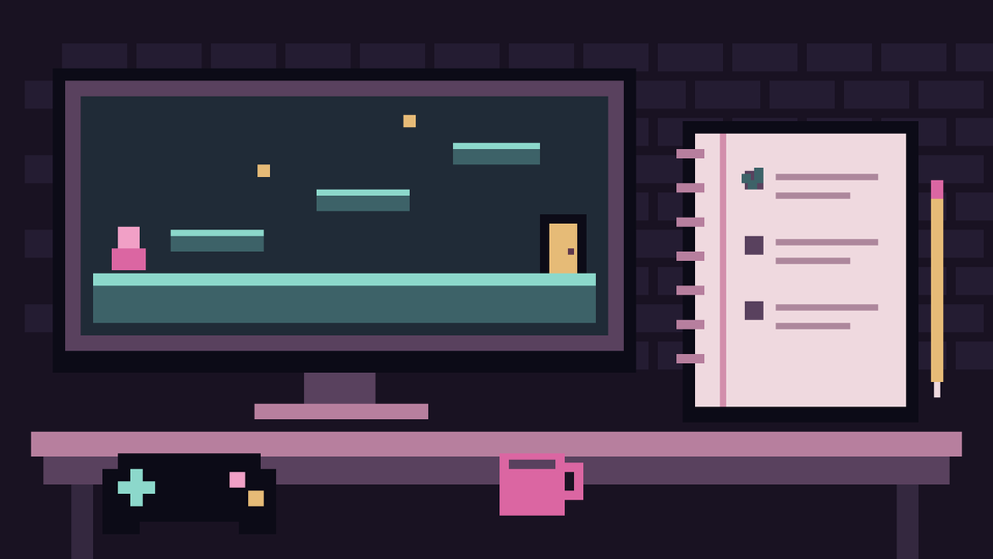 Pixel art of a platform-game test scene beside a controller and observation notebook.