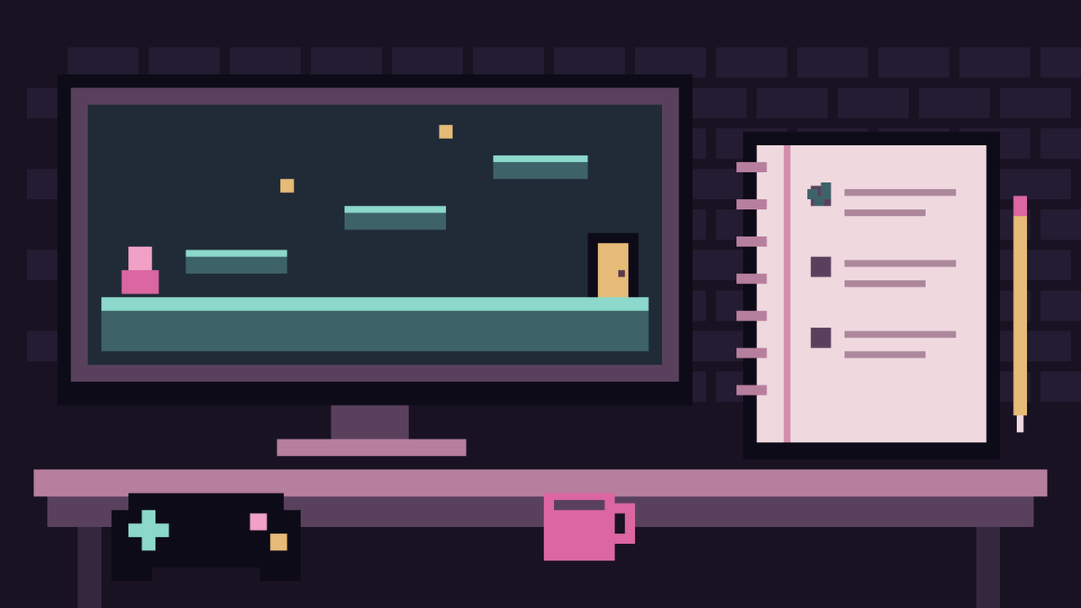 Pixel art of a platform-game test scene beside a controller and observation notebook.