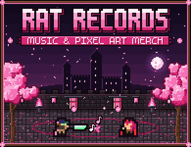 RAT RECORDS - pixel-art cherry blossom night with Dongu the Rat and Gigi the Cat