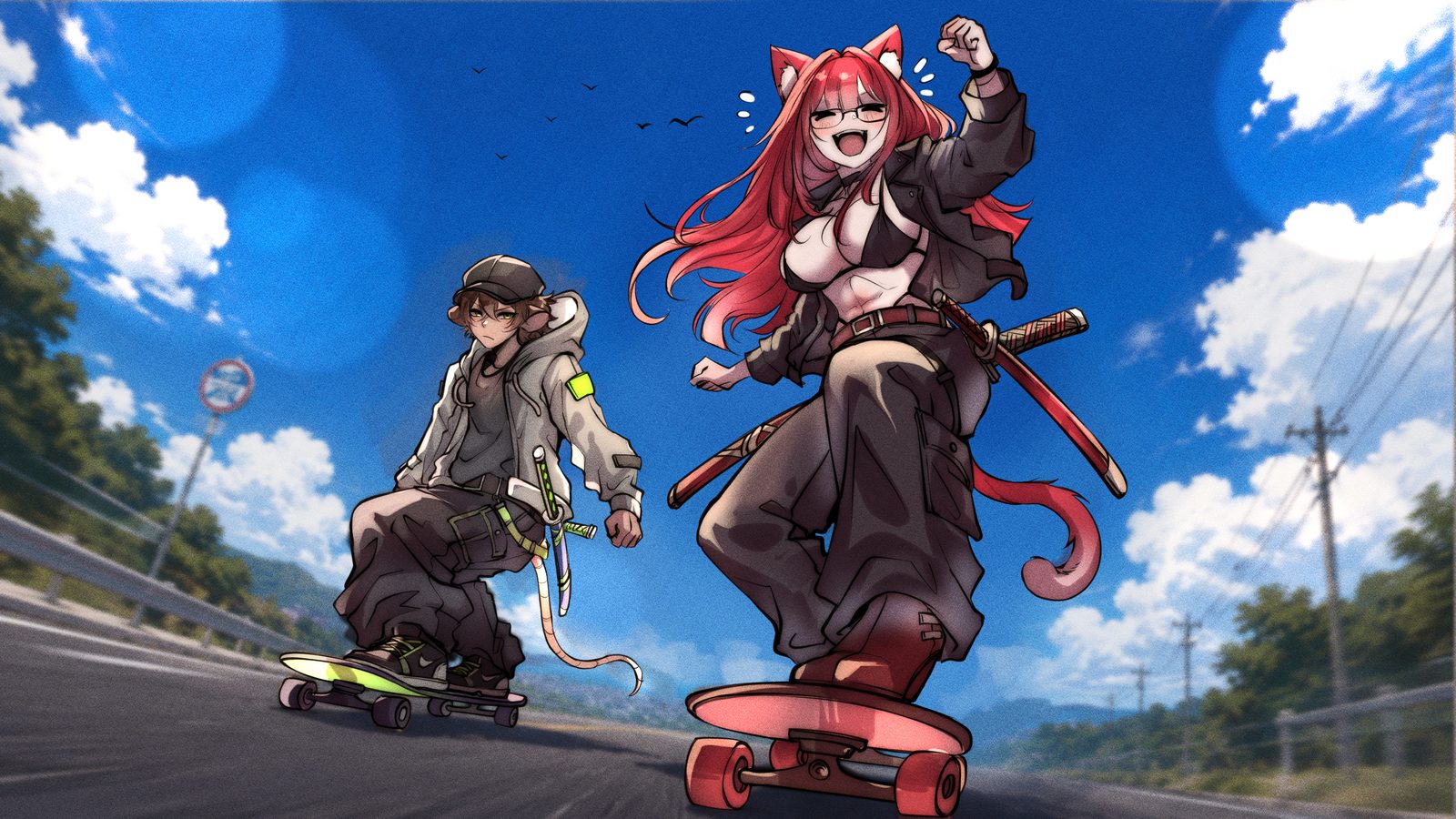 Illustration of Dongu the Rat and Gigi the Cat skateboarding under a blue sky